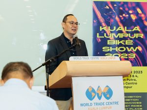 Farouk Nurish, Managing Director of Moventuum Sdn Bhd speaking at the media launch of the Kuala Lumpur Bike Show 2023 at the World Trade Center Kuala Lumpur on 21 March 2023. | Photo by Moventuum/NHA File Photo